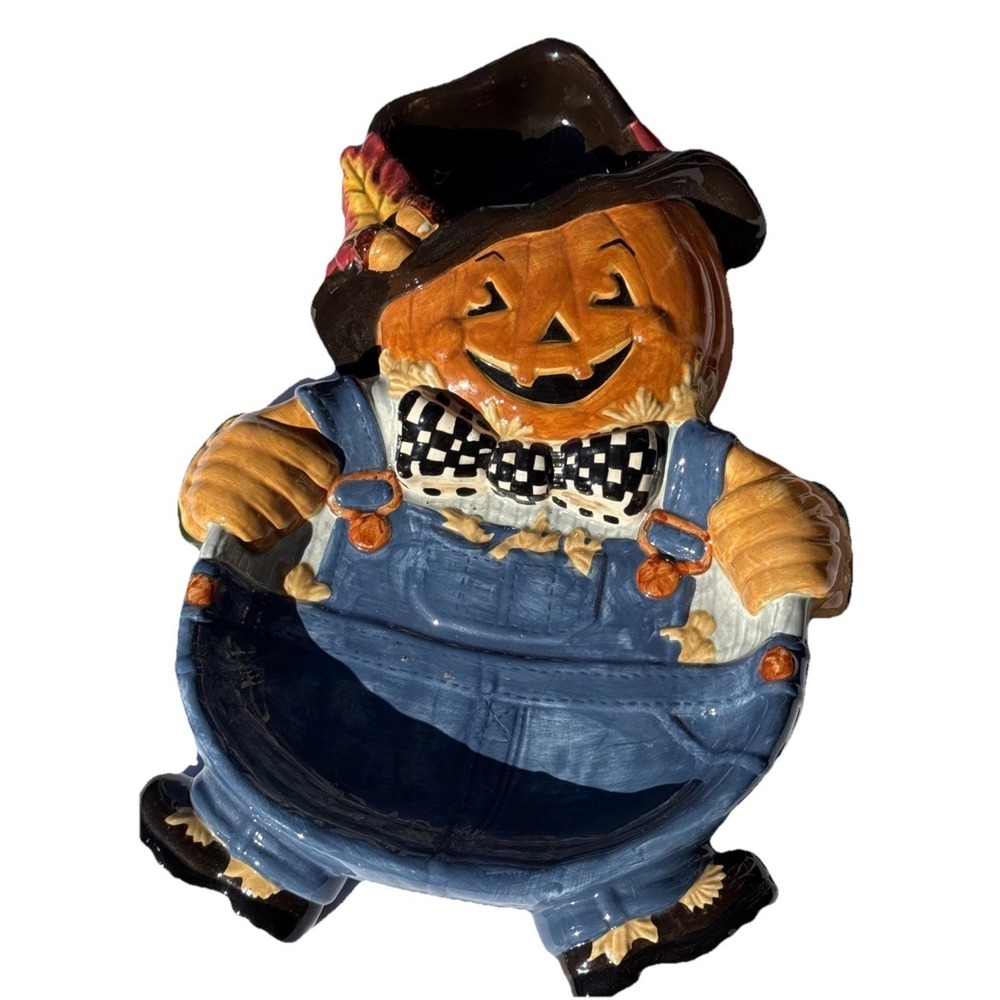 VTG Scarecrow Pumpkin Ceramic Halloween Fall Chip & Dip Platter Harvest‎ Dish